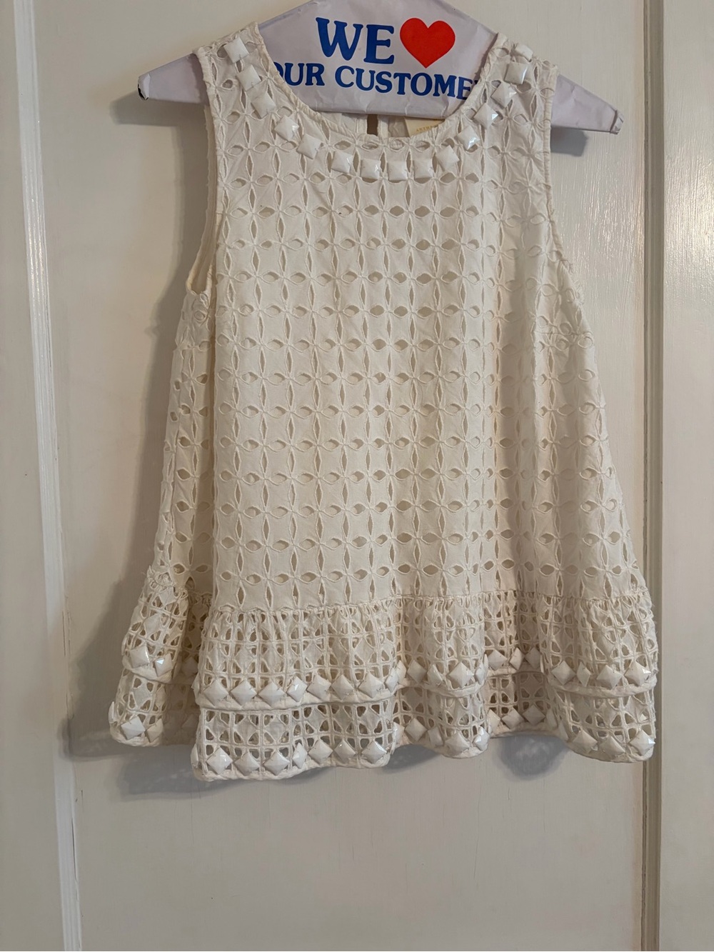 Anthropologie White Eyelet Tank with Red Lip Appliqués